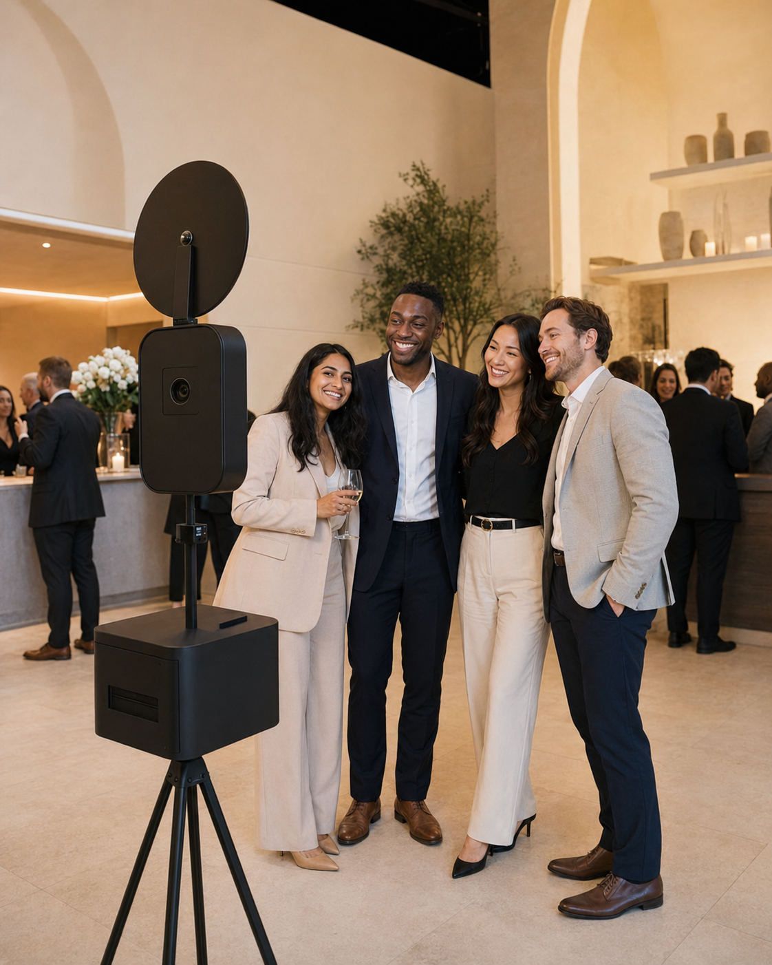 Colleagues posing at a modern corporate photo booth