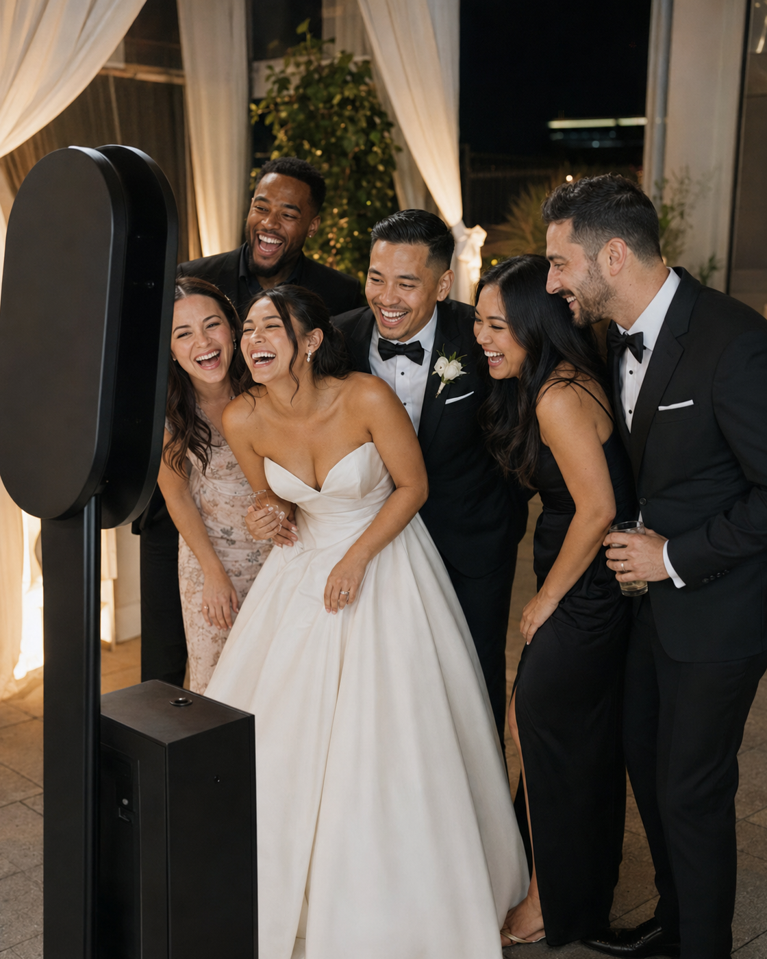 Friends celebrating together at a Saldona wedding photo booth