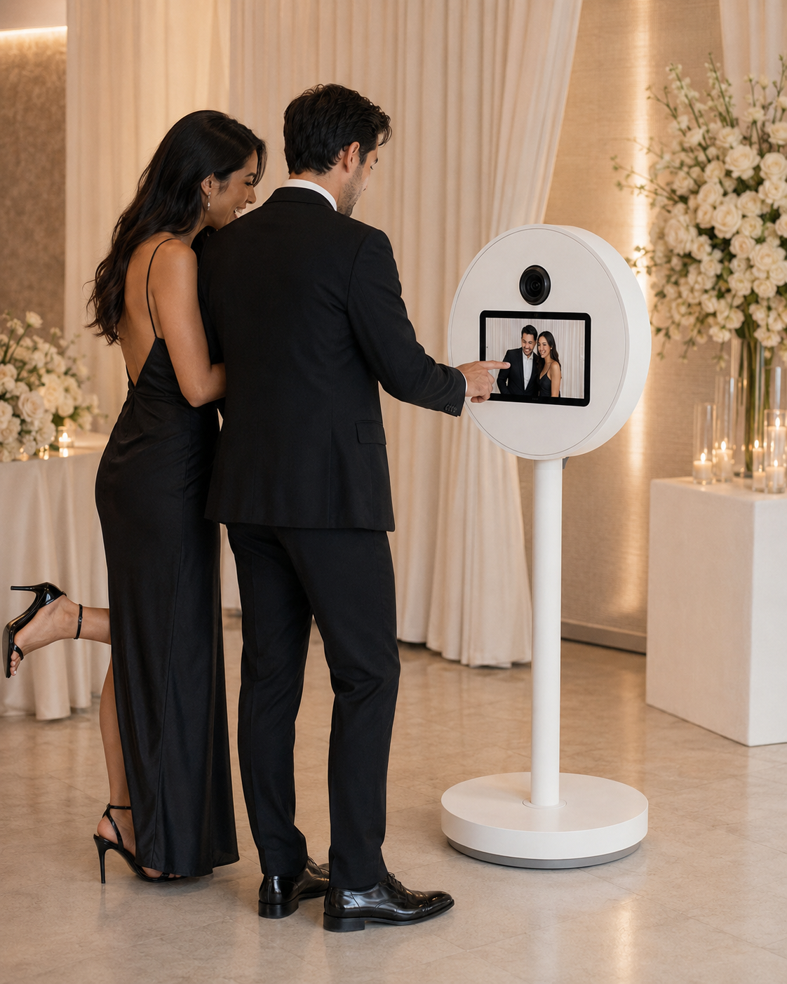 A couple using the white circular Saldona photo booth at a wedding