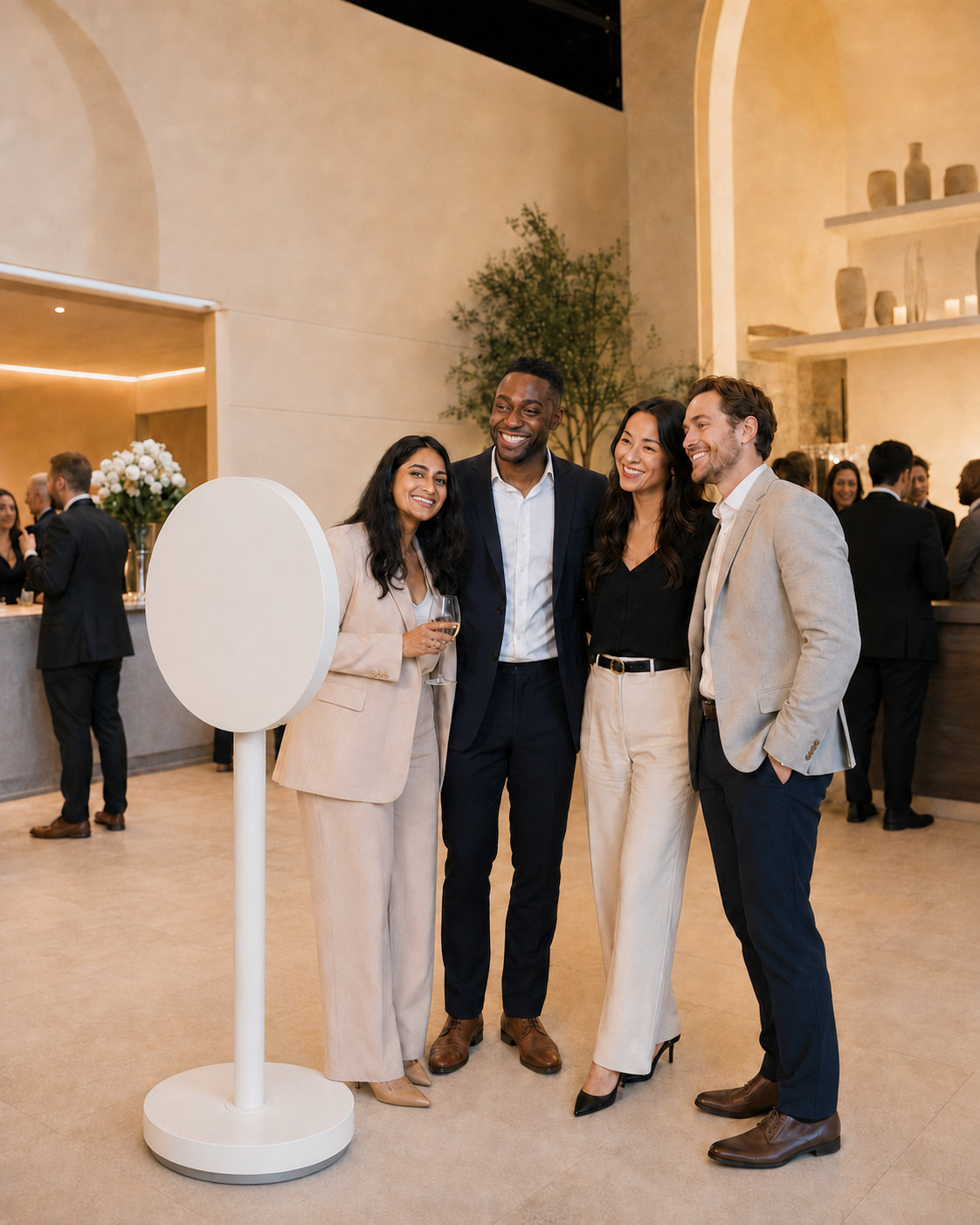 Guests selecting a photo option on the white circular Saldona photo booth